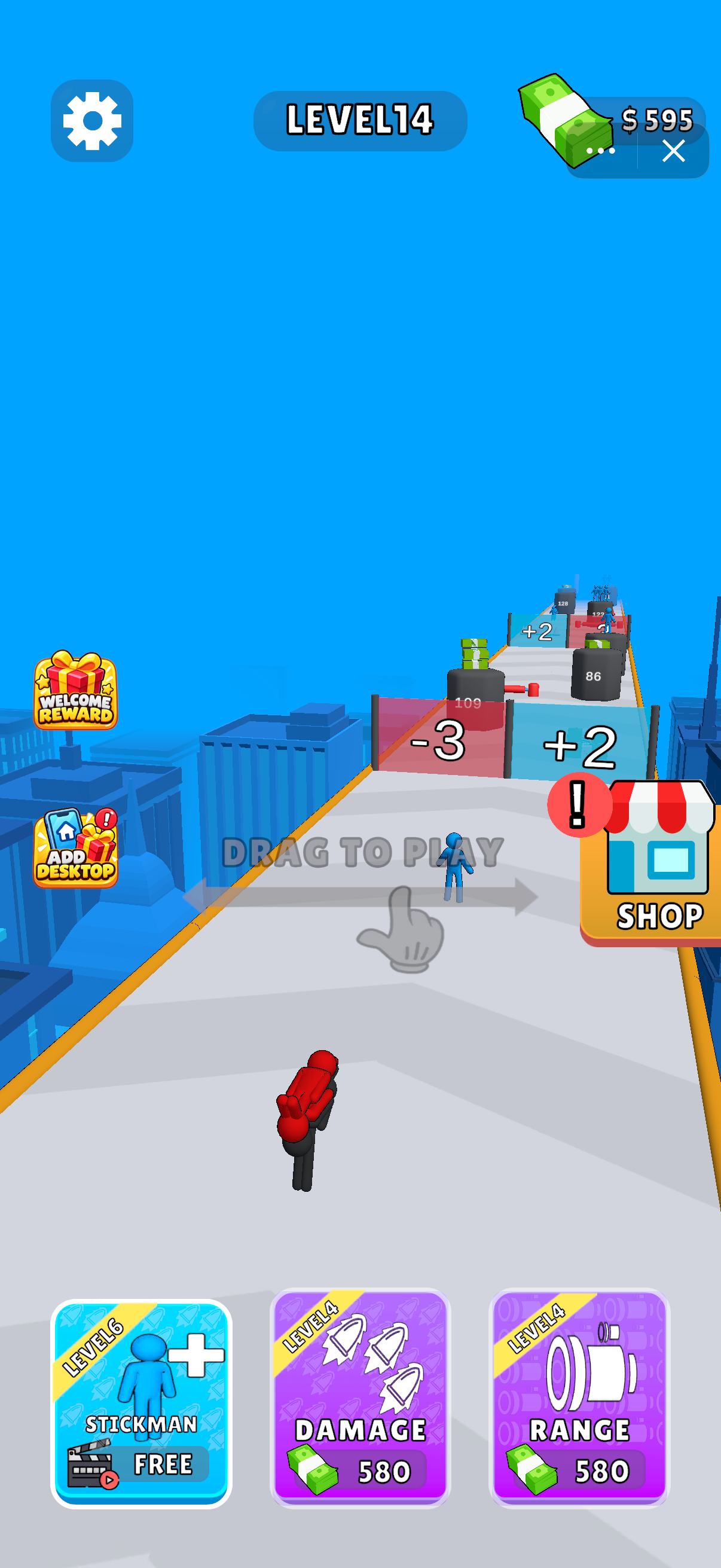 Level 14 starts with DRAG TO PLAY and a horizontal steering prompt. The nearest gates show -3 and +2. DAMAGE and RANGE each cost 580 against a displayed balance of 595; the separate FREE STICKMAN offer has a video icon.