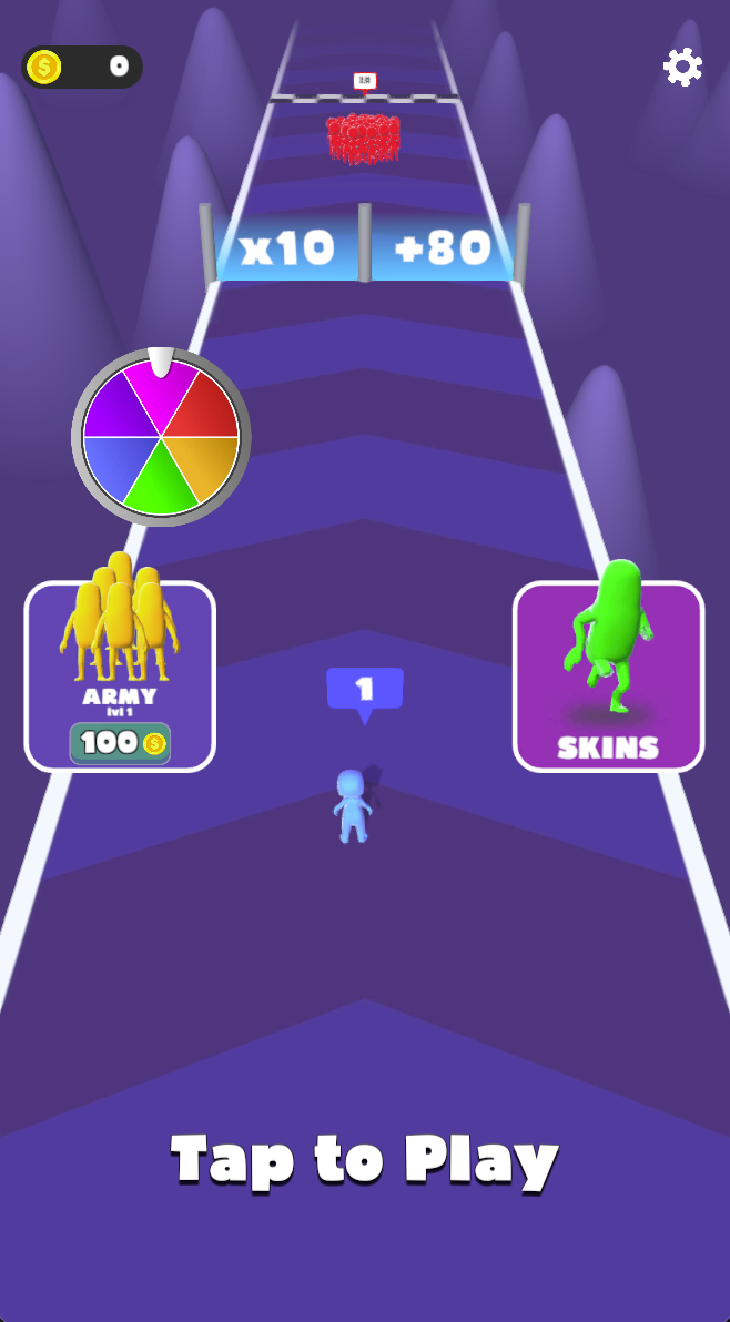 Tap to Play starts a run with count 1 and gates x10 and +80. Compare the resulting totals for the current count before choosing a side.