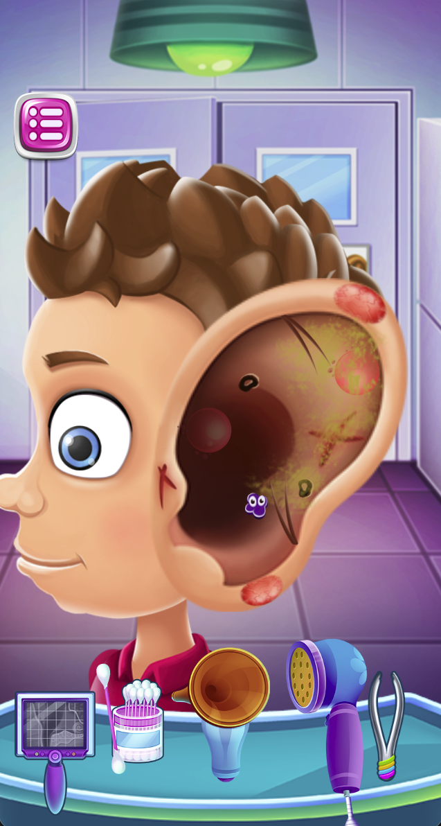 The inner-ear view introduces a different tray with a mirror, swabs and other cartoon tools. Treat it as a new task stage rather than repeating the first sequence.