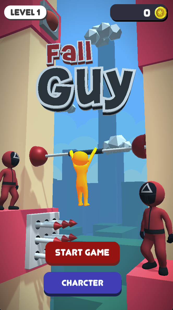 START GAME enters the course, while the blue character button is separate. The character artwork already shows the hanging-bar setup.