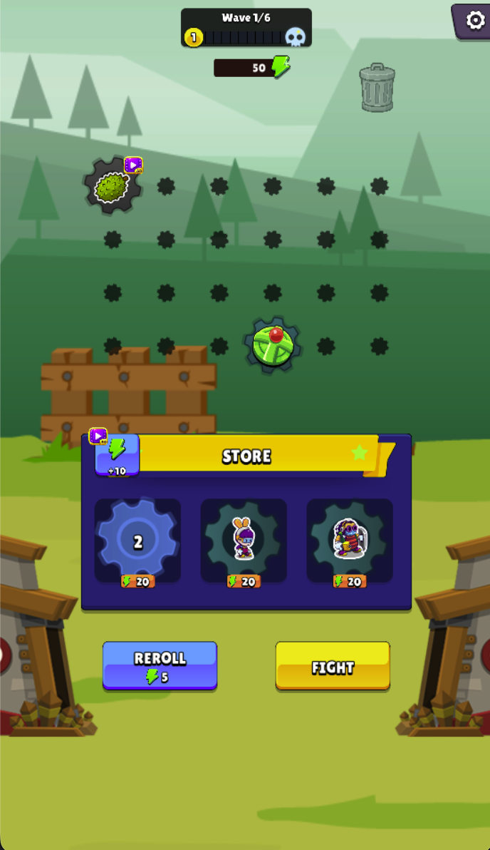 Preparation has a socket grid, STORE offers, REROLL and FIGHT. Review the current arrangement before committing to a wave.
