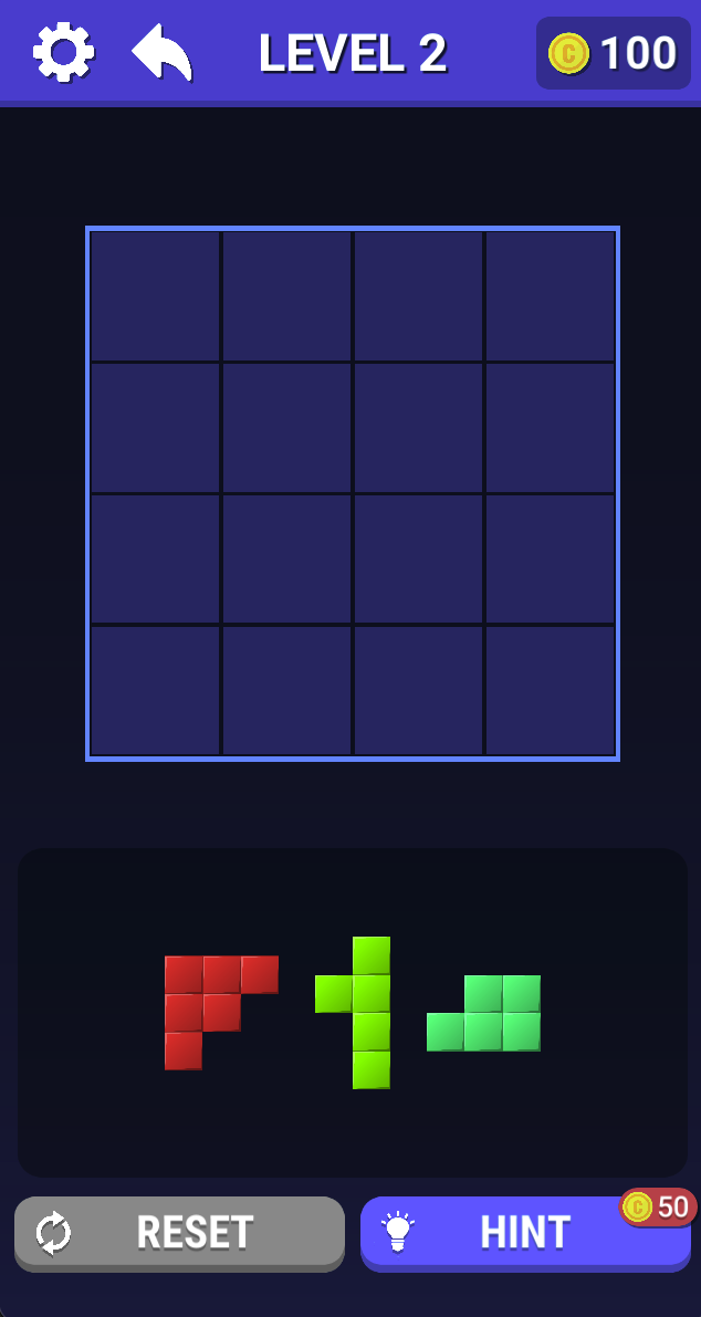 Level 2 starts with an empty 4-by-4 square board and several shapes. This is a new fit problem, not the next move of the previous image.