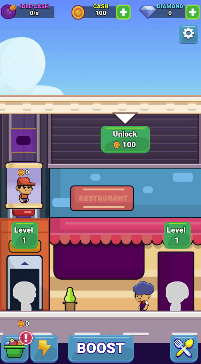 The opening view shows cash 100 and Unlock 100. Read the unlock cost before spending the same cash elsewhere.