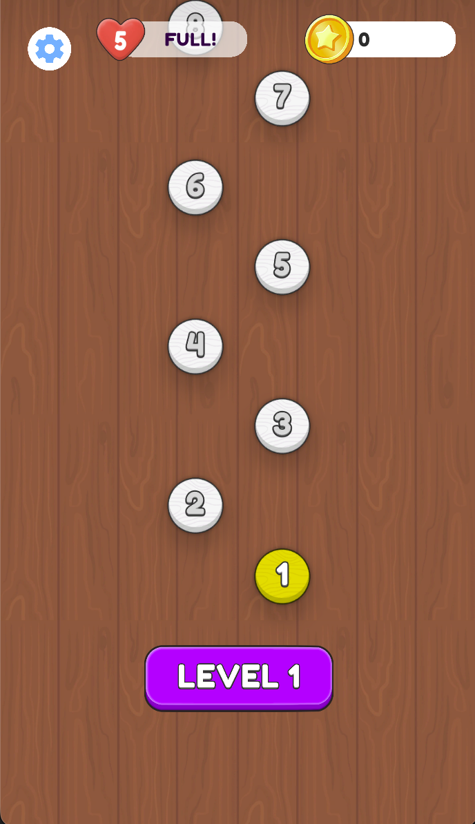 The level map displays numbered stages and a heart indicator. Select the highlighted level button to enter a board.