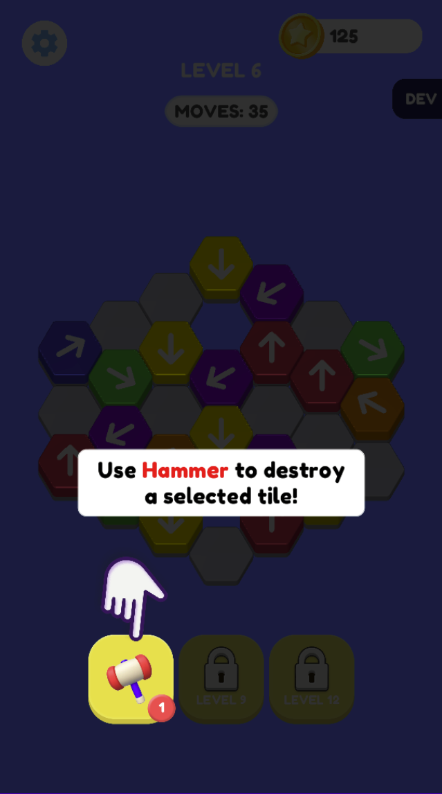 The Level 6 tutorial explicitly introduces the hammer as a way to destroy a selected tile. The highlighted tool is separate from normal arrow selection.