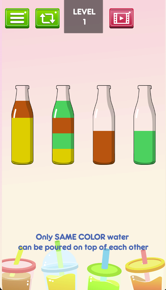 Level 1 states the same-color pouring rule. The first two bottles have different exposed colors despite sharing yellow underneath; check the surface layer, not the base.